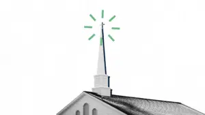 Christian church steeple with a signal effect coming from the top