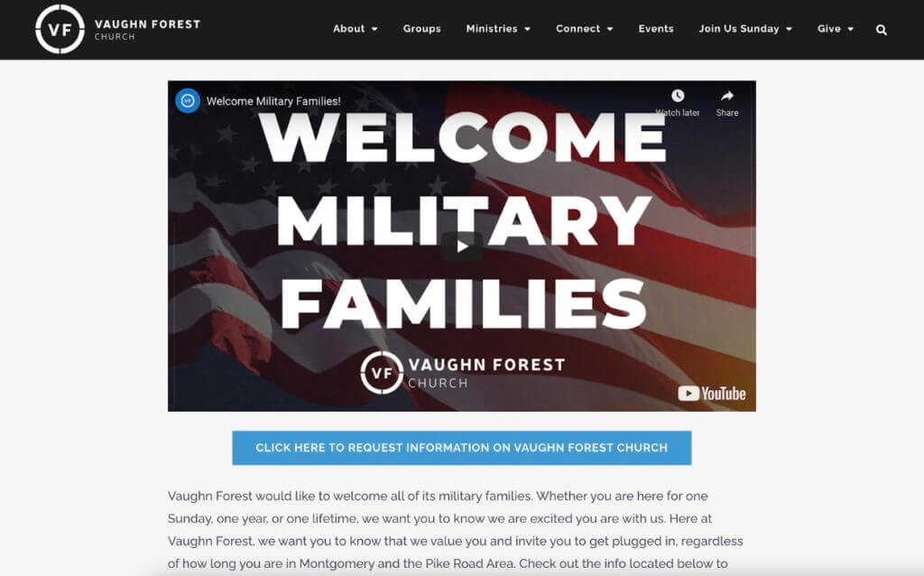 A screenshot of the landing page ad for Vaughn Forest Church with a banner that says welcome military families as part of their targeted digital marketing strategy. 