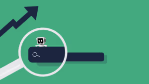 A tiny computer with a face sitting over a search bar representing AI agents