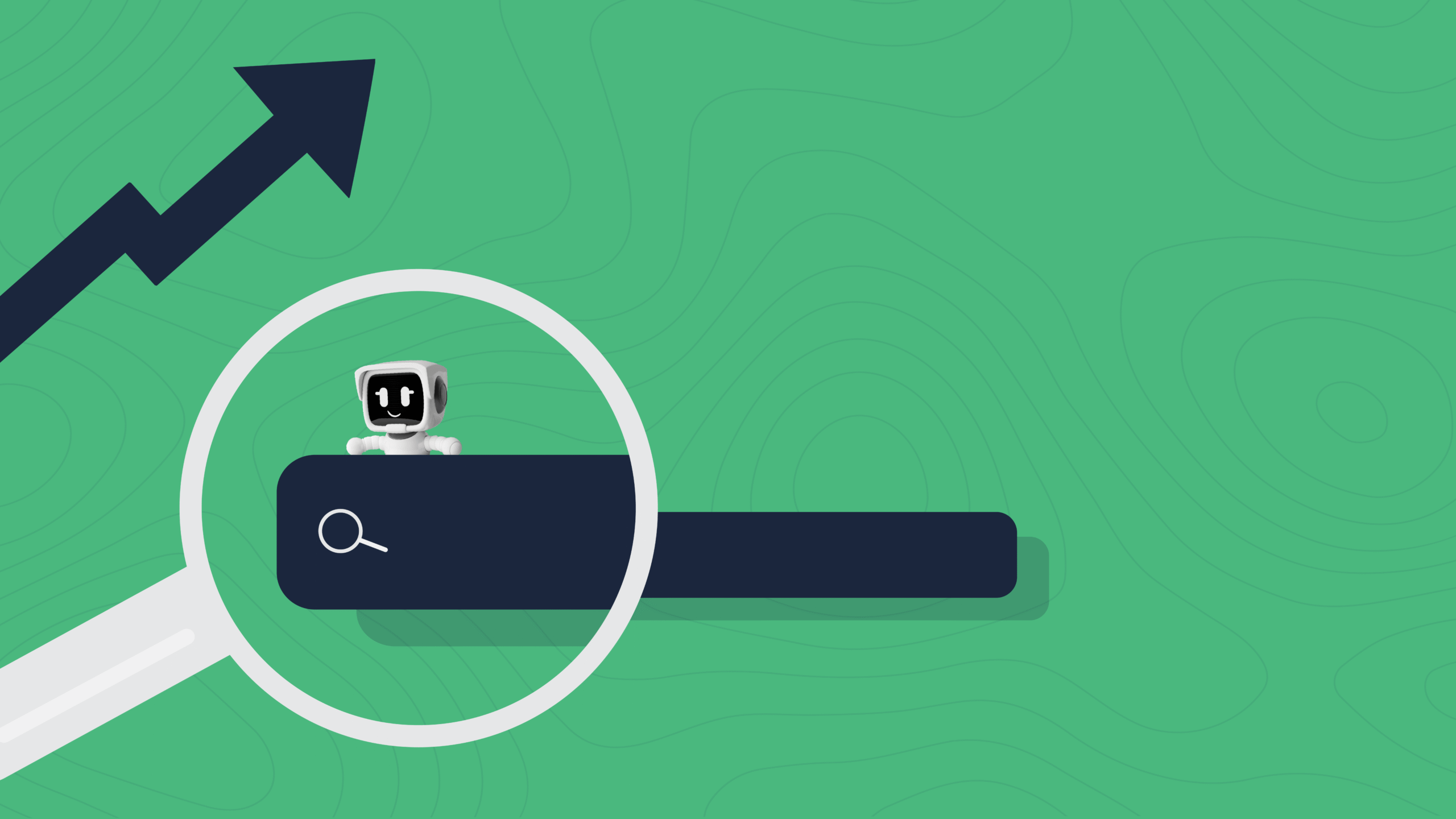 A tiny computer with a face sitting over a search bar representing AI agents