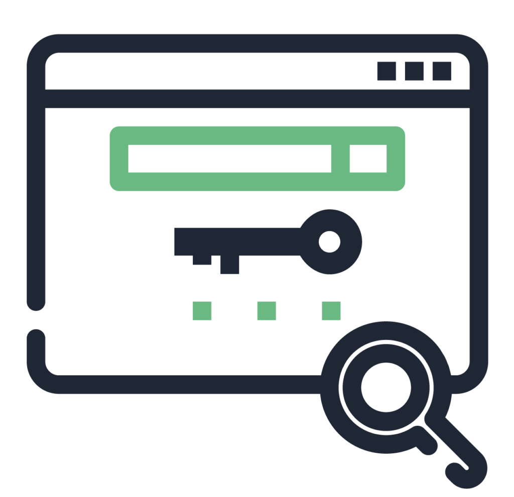 A magnifying glass over a computer screen with a key icon symbolizing content gaps