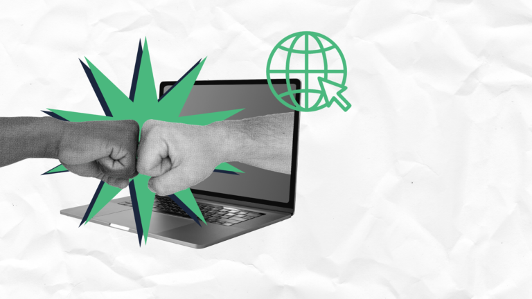 Two hands fist bumping through a computer laptop with a green star behind them.