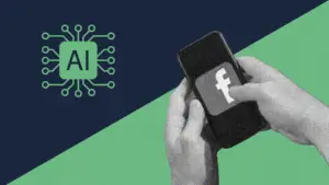 phone displaying facebook logo, with an AI graphic