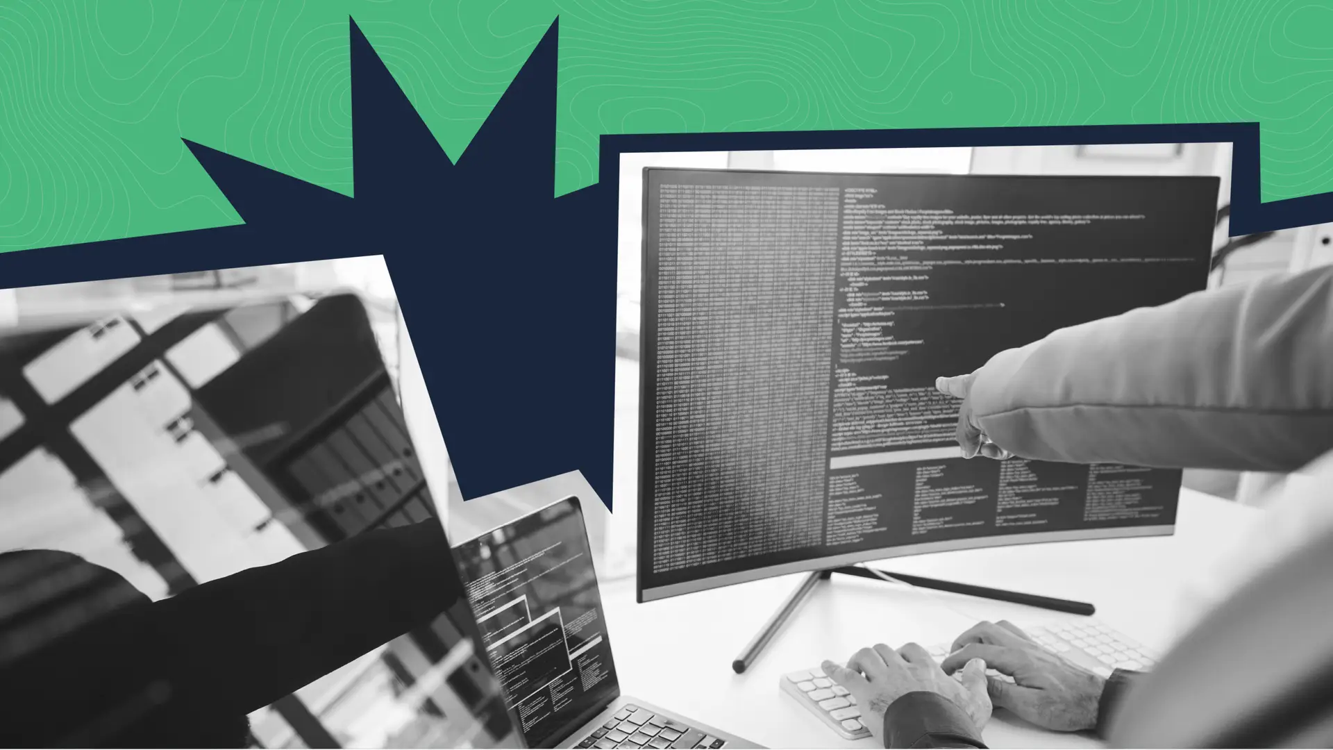 Computer screens showing drupal code and with a hand pointing to the screen
