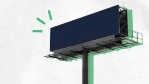 A large billboard graphic in blue and green