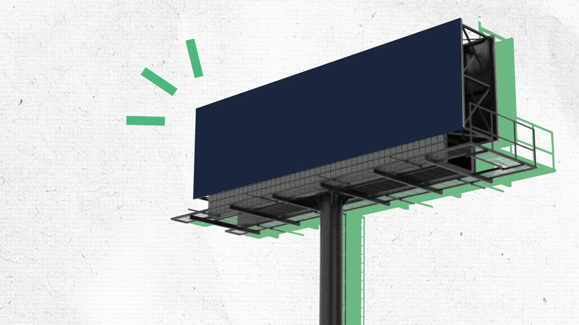 A large billboard graphic in blue and green