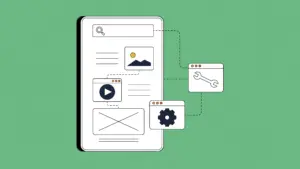 A graphic of a web page on a green background with modern branding elements highlighted