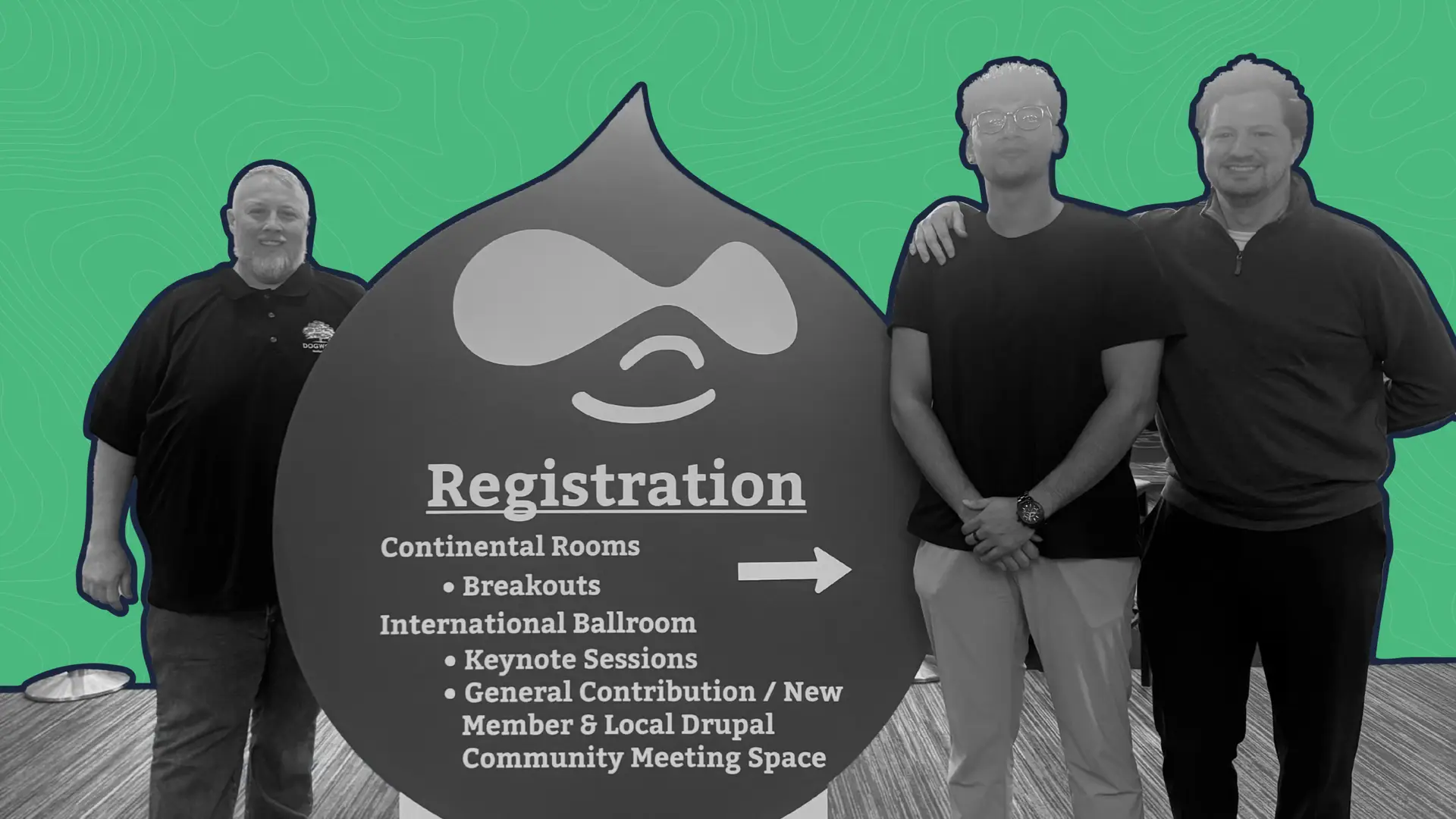 Brian, Zo, and Jesse at DrupalCon, standing with Drupal Conference sign