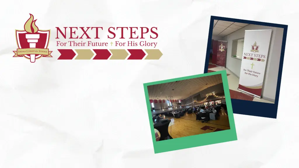 The Next Steps Campaign logo and pictures of the banners and room