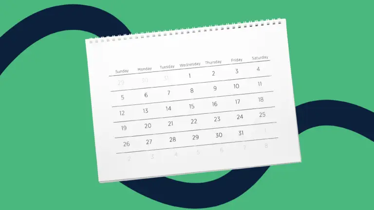 Calendar over green background with navy blue swoosh behind it.