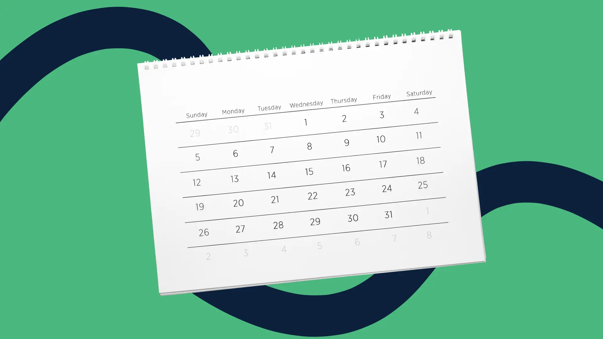Calendar over green background with navy blue swoosh behind it.