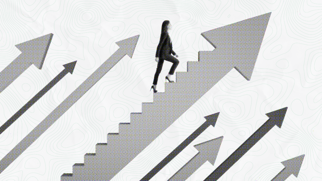 A businesswoman in a suit walking up a staircase formed by a large, upward-pointing arrow. Surrounding her are several other arrows with a halftone dot texture, all pointing diagonally upward against a light background with subtle topographic map lines, representing progress and business growth.