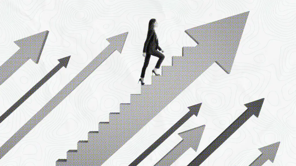 A businesswoman in a suit walking up a staircase formed by a large, upward-pointing arrow. Surrounding her are several other arrows with a halftone dot texture, all pointing diagonally upward against a light background with subtle topographic map lines, representing progress and business growth.