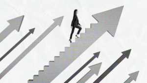 A businesswoman in a suit walking up a staircase formed by a large, upward-pointing arrow. Surrounding her are several other arrows with a halftone dot texture, all pointing diagonally upward against a light background with subtle topographic map lines, representing progress and business growth.
