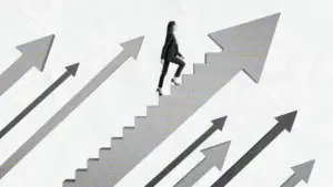 A businesswoman in a suit walking up a staircase formed by a large, upward-pointing arrow. Surrounding her are several other arrows with a halftone dot texture, all pointing diagonally upward against a light background with subtle topographic map lines, representing progress and business growth.