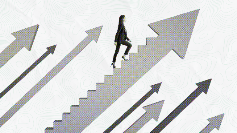 A businesswoman in a suit walking up a staircase formed by a large, upward-pointing arrow. Surrounding her are several other arrows with a halftone dot texture, all pointing diagonally upward against a light background with subtle topographic map lines, representing progress and business growth.