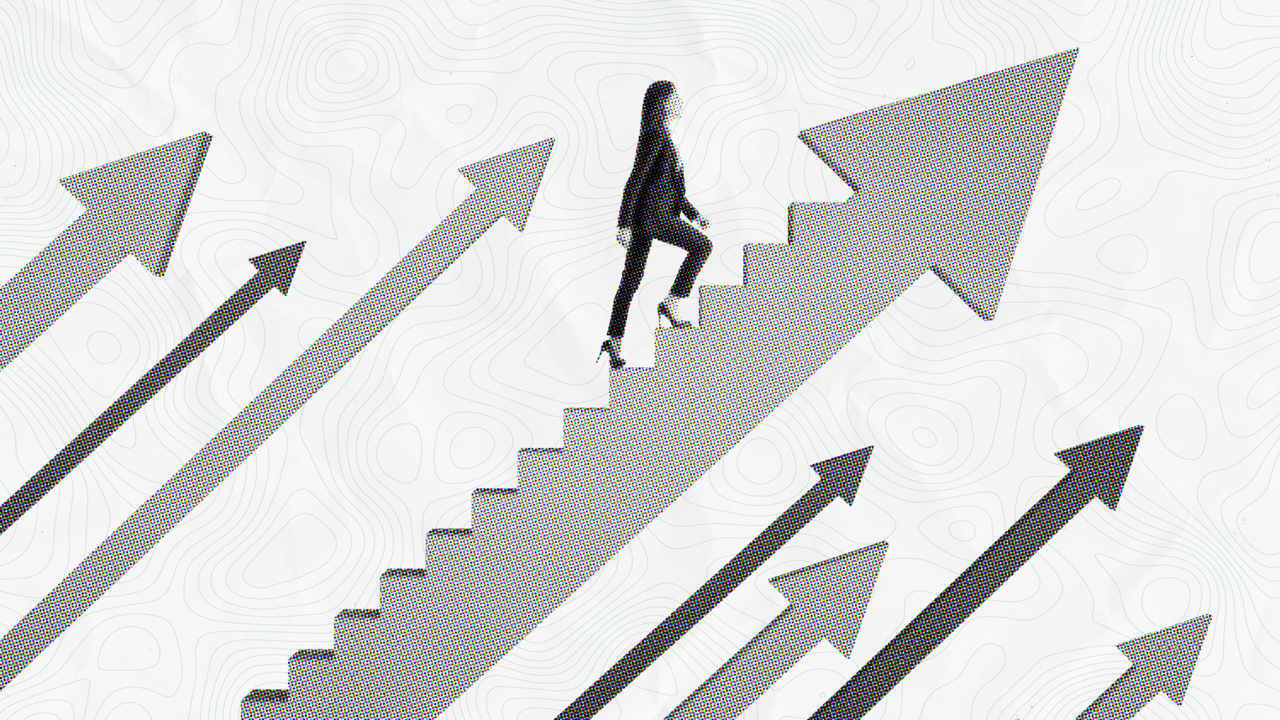 A businesswoman in a suit walking up a staircase formed by a large, upward-pointing arrow. Surrounding her are several other arrows with a halftone dot texture, all pointing diagonally upward against a light background with subtle topographic map lines, representing progress and business growth.