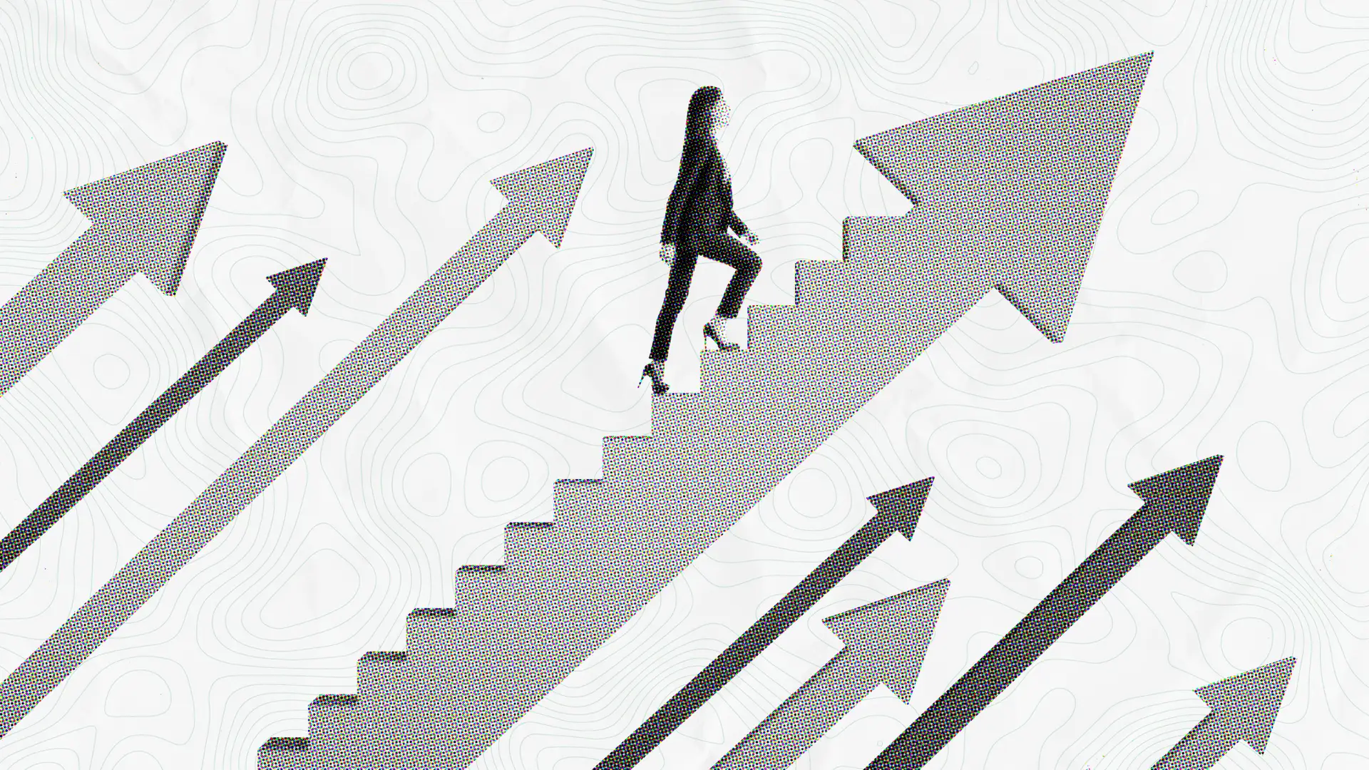 A businesswoman in a suit walking up a staircase formed by a large, upward-pointing arrow. Surrounding her are several other arrows with a halftone dot texture, all pointing diagonally upward against a light background with subtle topographic map lines, representing progress and business growth.