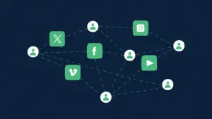 Navy blue blog header with interconnected social media icons.