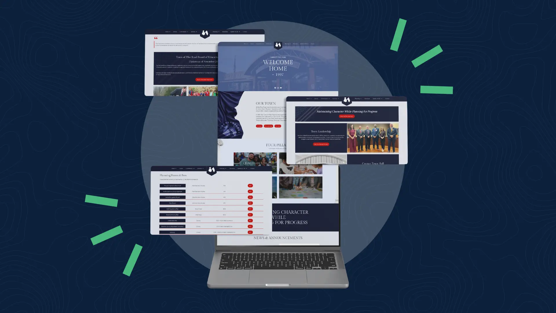 An open laptop with multiple floating, layered browser windows displaying different pages of a website design for the Town of Pike Road. The mockups show various sections including a "Welcome Home" hero banner, town leadership photos, and a planning forms table. The scene is set against a dark blue background with subtle topographic map lines and bright green emphasis dashes on the sides.