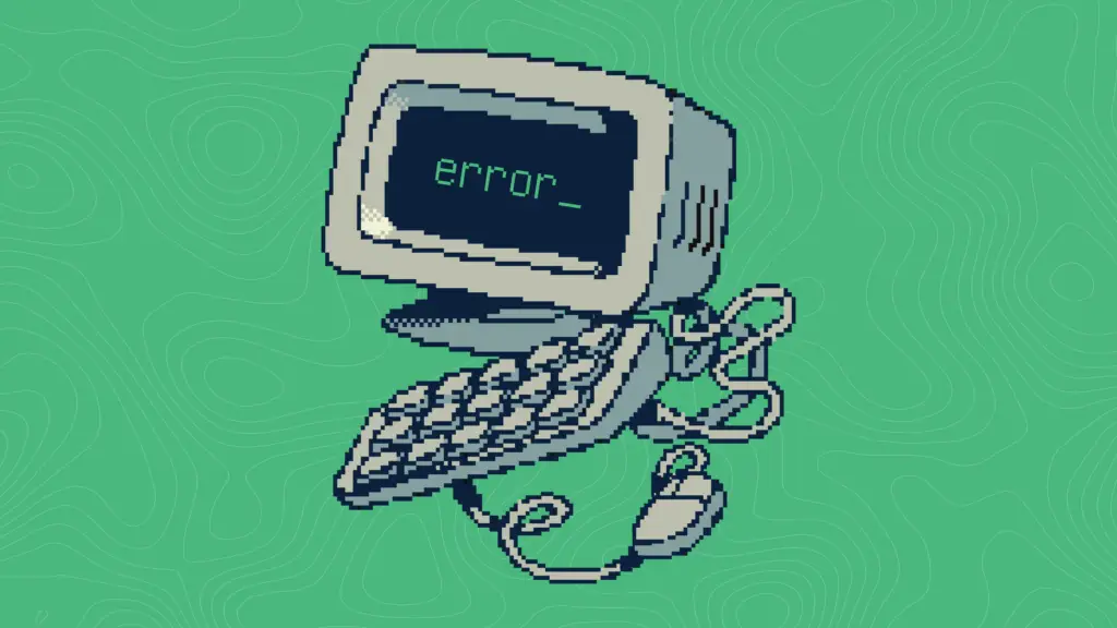 An animated old computer with an error code on the screen
