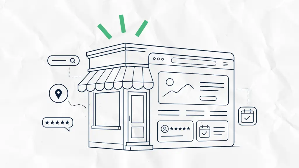 A minimalist line drawing illustrating a physical storefront seamlessly transitioning into a website interface on a browser window. Floating around the graphic are connected icons representing digital marketing elements: a search bar, a location pin, a five-star review bubble, and a scheduled calendar. Three green emphasis lines shine above the storefront against a subtle crumpled paper background.