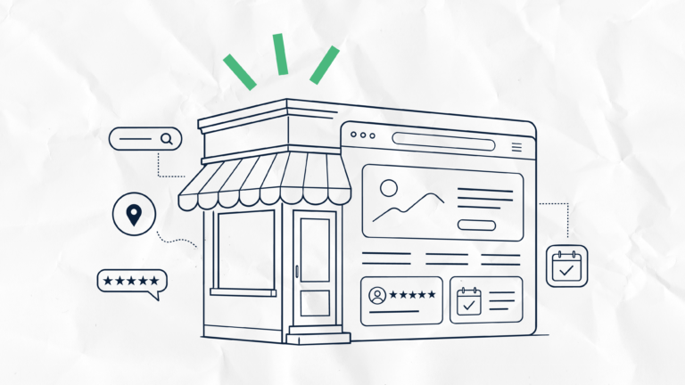 A minimalist line drawing illustrating a physical storefront seamlessly transitioning into a website interface on a browser window. Floating around the graphic are connected icons representing digital marketing elements: a search bar, a location pin, a five-star review bubble, and a scheduled calendar. Three green emphasis lines shine above the storefront against a subtle crumpled paper background.