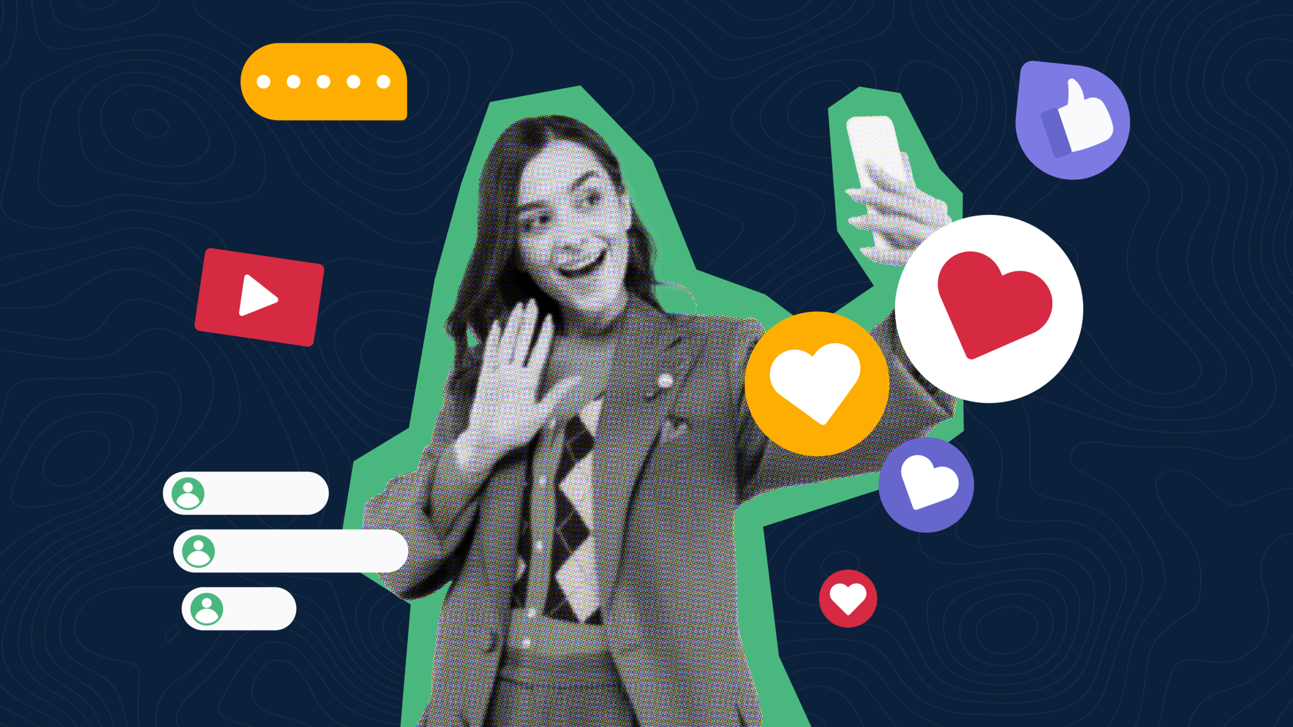 A stylized halftone-textured image of a smiling woman in a plaid blazer holding up a smartphone to record a video or take a selfie. She is outlined with a thick green border and surrounded by floating social media engagement icons, including a red video play button, multiple heart bubbles, a thumbs-up icon, and comment notifications. The graphic is set against a dark blue background with subtle topographic map lines.