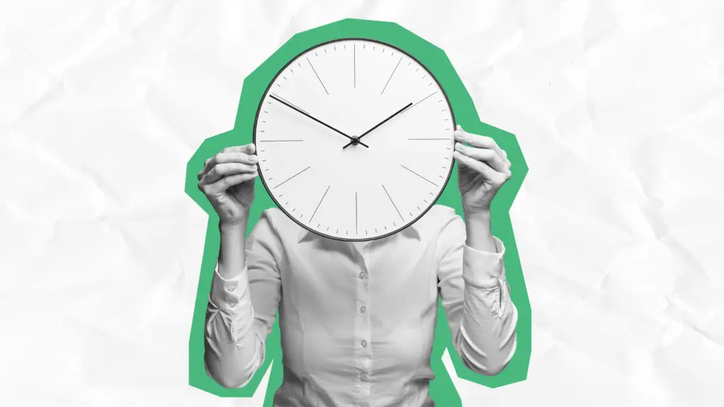 A conceptual grayscale photo of a person in a white collared shirt holding a large analog wall clock directly in front of their face. The figure is outlined with a bold green border layer against a light background with a textured, crumpled paper effect, symbolizing urgency and time constraints.