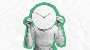 A conceptual grayscale photo of a person in a white collared shirt holding a large analog wall clock directly in front of their face. The figure is outlined with a bold green border layer against a light background with a textured, crumpled paper effect, symbolizing urgency and time constraints.