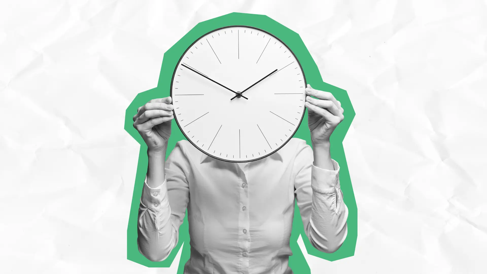 A conceptual grayscale photo of a person in a white collared shirt holding a large analog wall clock directly in front of their face. The figure is outlined with a bold green border layer against a light background with a textured, crumpled paper effect, symbolizing urgency and time constraints.