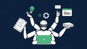 A vector illustration of a white multitasking robot with six arms wearing a headset, sitting in front of an open green laptop. The robot's various hands hold a clipboard, a glowing green lightbulb, a stack of documents, and point toward a floating web browser window with code symbols, while gears hover overhead. The graphic is set against a dark blue background with subtle topographic lines, symbolizing AI-driven web development, audits, and compliance management.