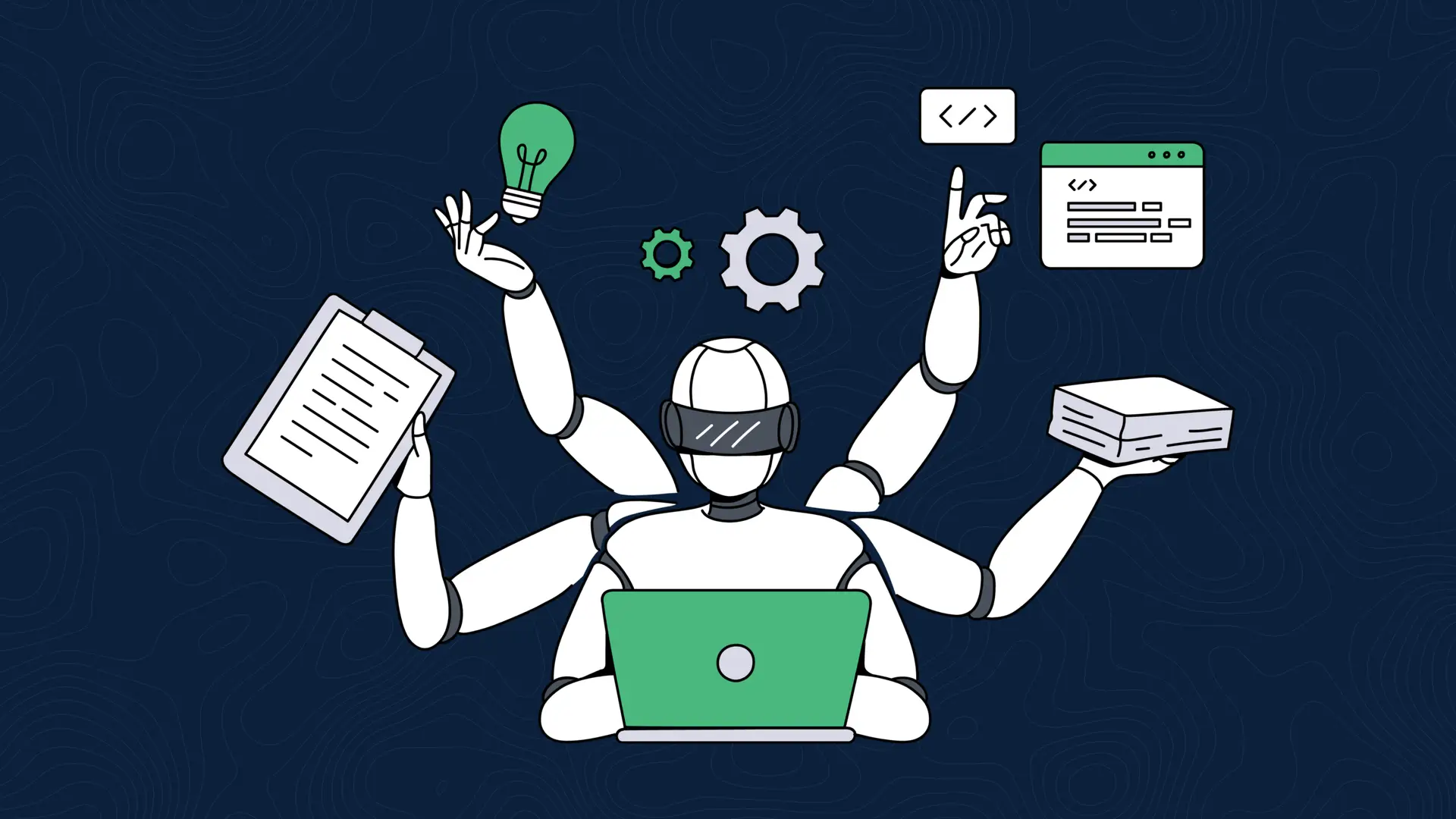 A vector illustration of a white multitasking robot with six arms wearing a headset, sitting in front of an open green laptop. The robot's various hands hold a clipboard, a glowing green lightbulb, a stack of documents, and point toward a floating web browser window with code symbols, while gears hover overhead. The graphic is set against a dark blue background with subtle topographic lines, symbolizing AI-driven web development, audits, and compliance management.