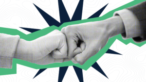 A stylized graphic featuring a halftone-textured, grayscale illustration of two hands meeting in a fist bump. The hands are framed by a thick, jagged green border. In the background, a large, multi-pointed dark blue starburst sits behind the fist bump against a white backdrop filled with subtle gray topographic contour lines, symbolizing collaboration, alignment, and successful partnership.