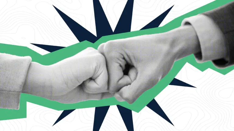 A stylized graphic featuring a halftone-textured, grayscale illustration of two hands meeting in a fist bump. The hands are framed by a thick, jagged green border. In the background, a large, multi-pointed dark blue starburst sits behind the fist bump against a white backdrop filled with subtle gray topographic contour lines, symbolizing collaboration, alignment, and successful partnership.