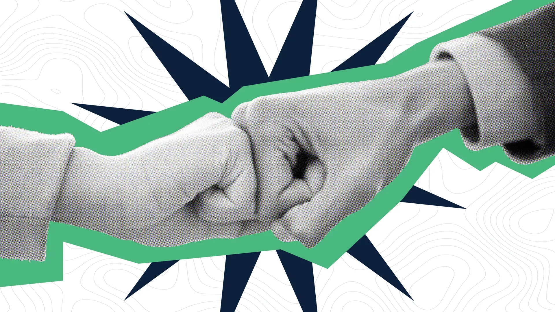 A stylized graphic featuring a halftone-textured, grayscale illustration of two hands meeting in a fist bump. The hands are framed by a thick, jagged green border. In the background, a large, multi-pointed dark blue starburst sits behind the fist bump against a white backdrop filled with subtle gray topographic contour lines, symbolizing collaboration, alignment, and successful partnership.