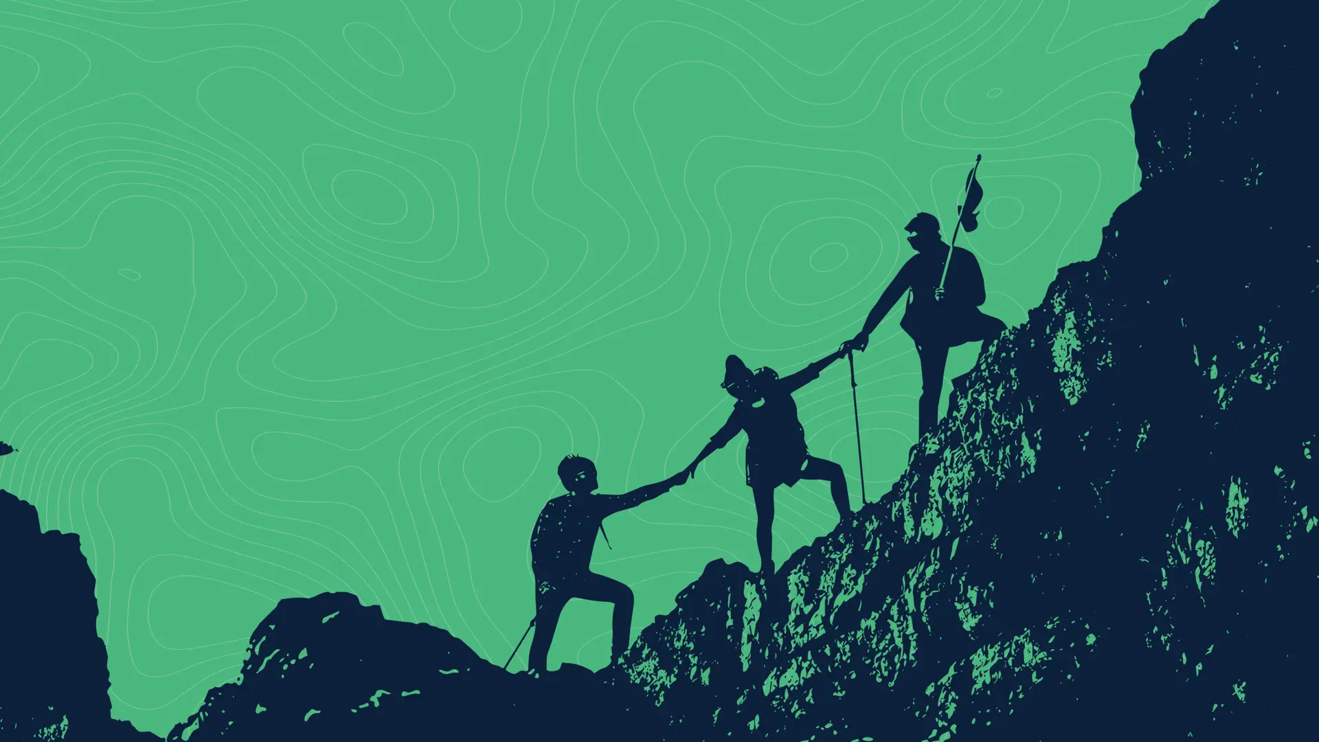 A duotone silhouette graphic showing three people working together to climb a steep, rocky mountain ridge. The person at the top holds a flag and reaches down to pull up the second climber, who in turn reaches down to pull up the third climber from below. The dark blue silhouettes contrast against a light green sky background detailed with subtle topographic map lines, symbolizing teamwork, support, and shared goals.