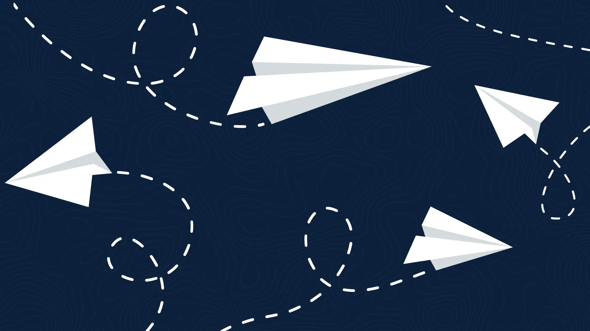 Paper airplanes flying around on dark blue background