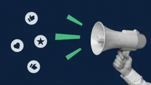 Hand holding a megaphone with icons representing social media likes blasting from it