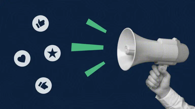 Hand holding a megaphone with icons representing social media likes blasting from it