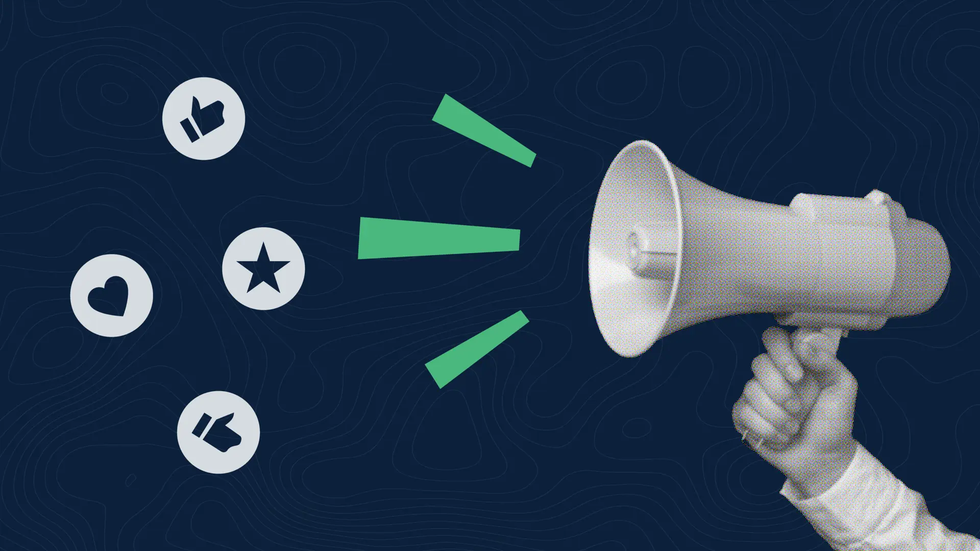 Hand holding a megaphone with icons representing social media likes blasting from it