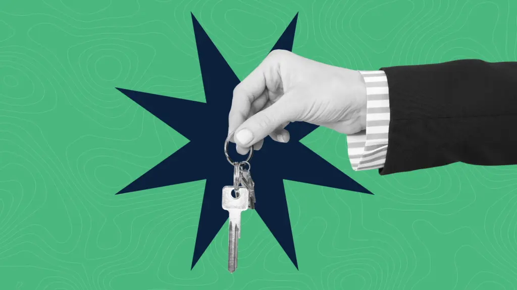 A person's hand holding keys over a green background with a dark blue star accent behind the hand