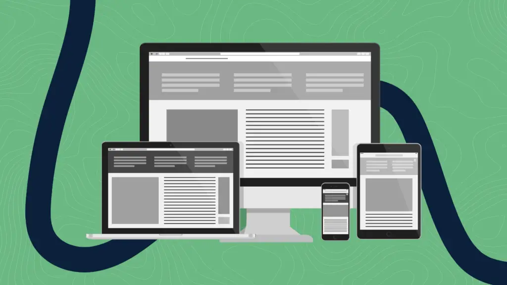Black and white computer, laptop, tablet, and phone screens over a green background with blue swoosh.
