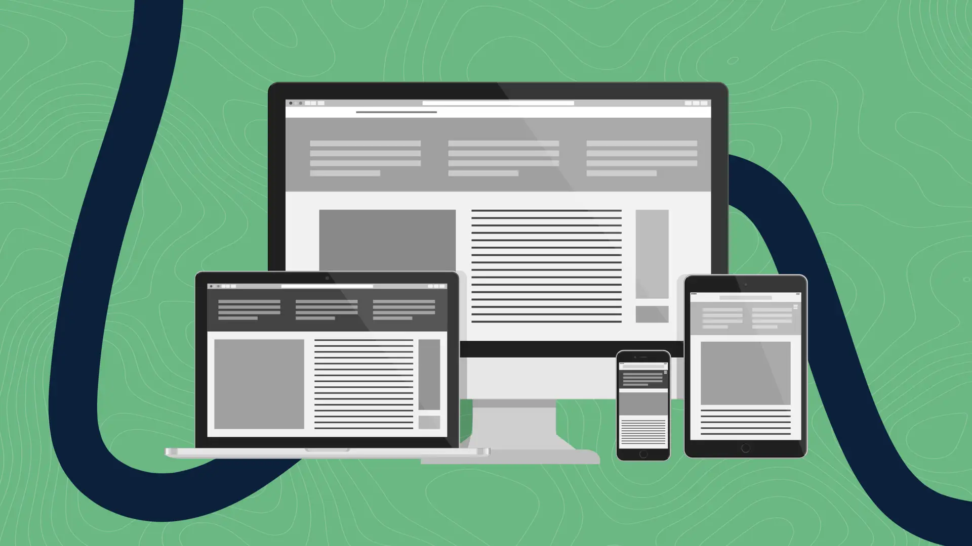 Black and white computer, laptop, tablet, and phone screens over a green background with blue swoosh.