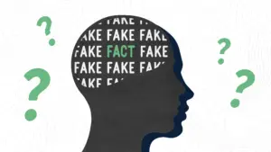 Silhouette profile of a head filled with the word FAKE and one highlighted word FACT, surrounded by question marks to represent ethical AI, deepfakes, and misinformation in marketing.