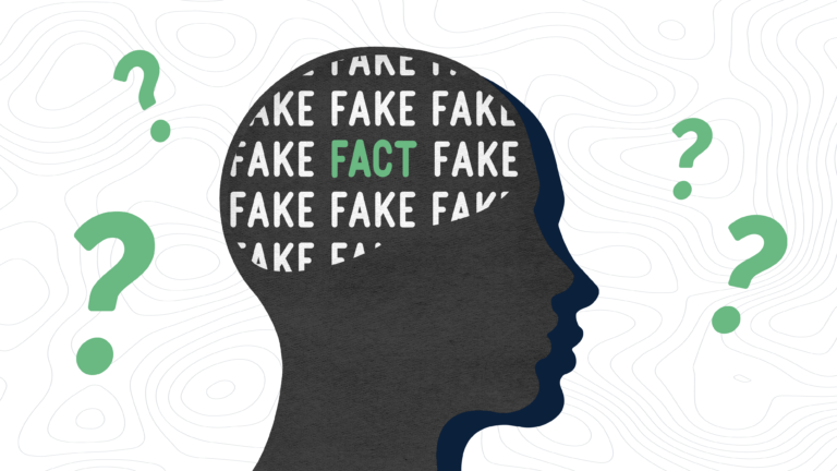 Silhouette profile of a head filled with the word FAKE and one highlighted word FACT, surrounded by question marks to represent ethical AI, deepfakes, and misinformation in marketing.