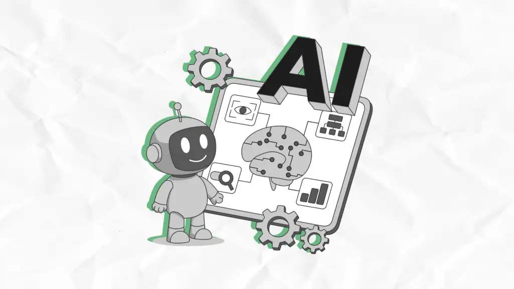Cartoon robot next to a digital screen displaying AI text and circuit brain icons for generative AI visual content creation.