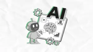 Cartoon robot next to a digital screen displaying AI text and circuit brain icons for generative AI visual content creation.