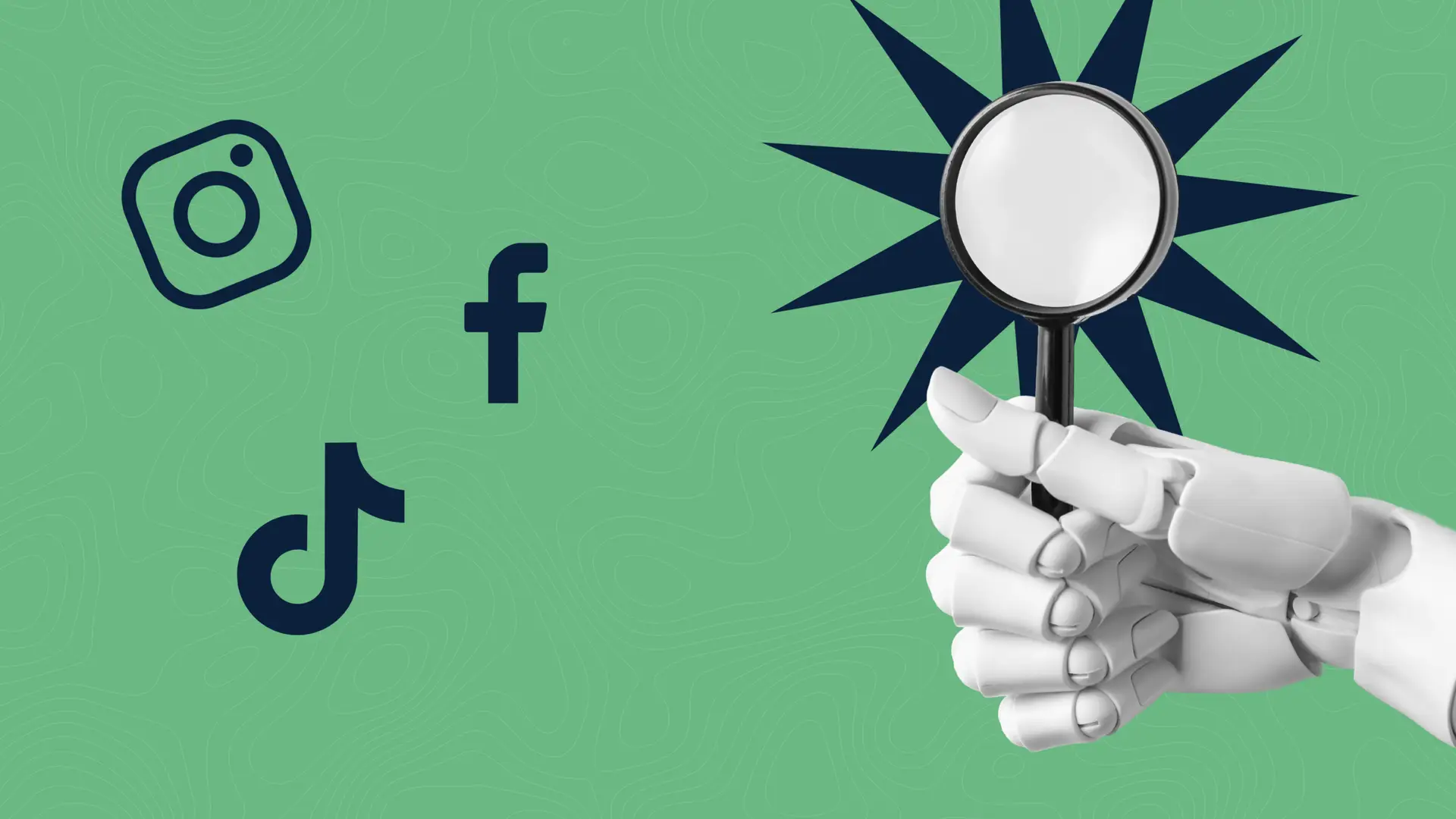 A robot's hand holding a magnifying glass. Social media icons float beside it on a green background.