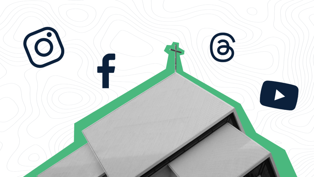 Church outline with social media icons floating around it.